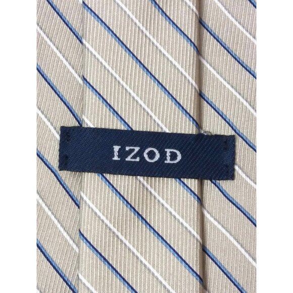 IZOD Mens Neck Tie Diagonal Striped 100% Silk Beige Business Job Interview Event - Picture 6 of 6